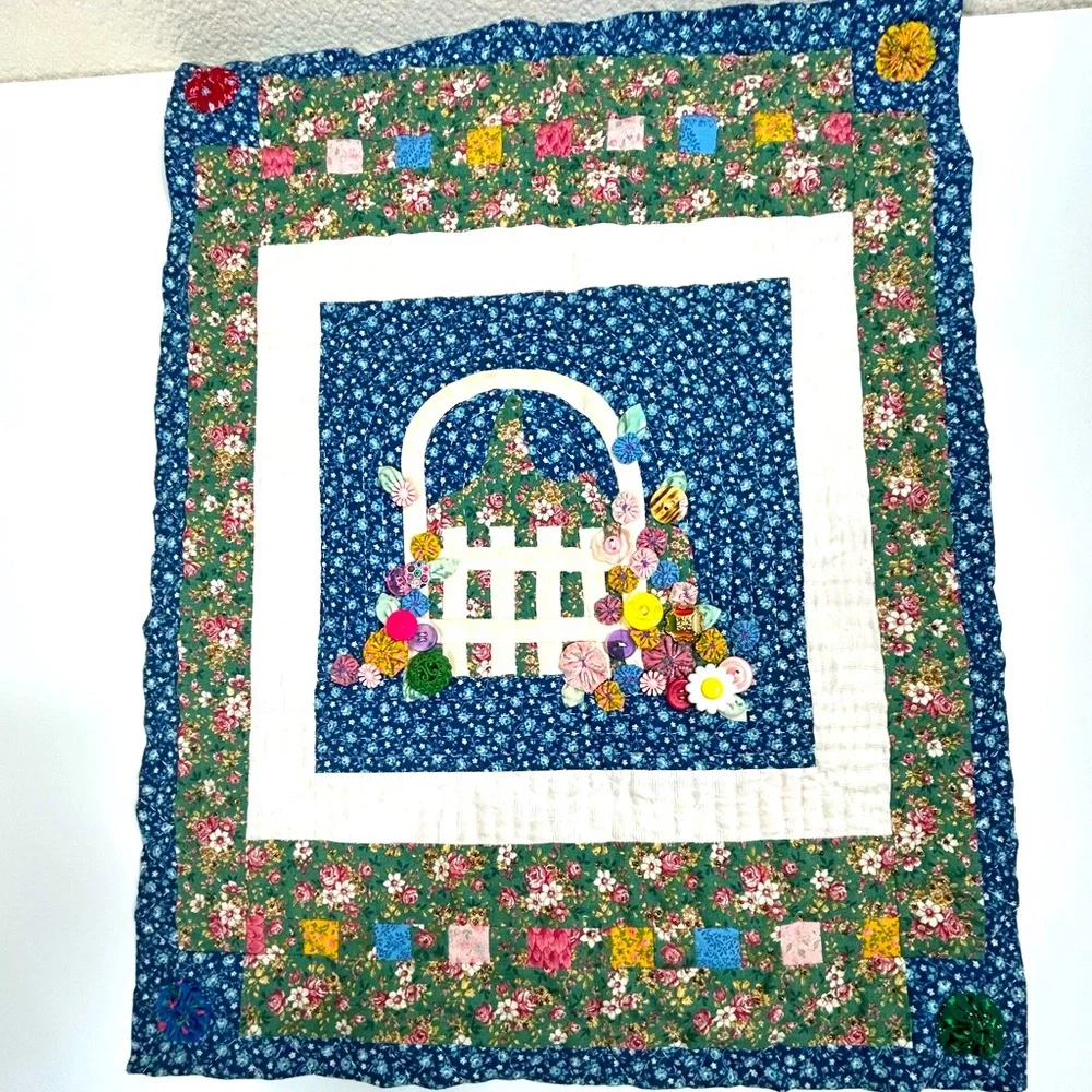 Cottagecore Flower Basket with Buttons Handmade Quilted Fabric Hanging Wall Art